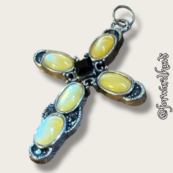 Bundle Sale 3 for $15 | Silver Tone Cross Pendant with Yellow and Black Stones - Picture 4 of 8
